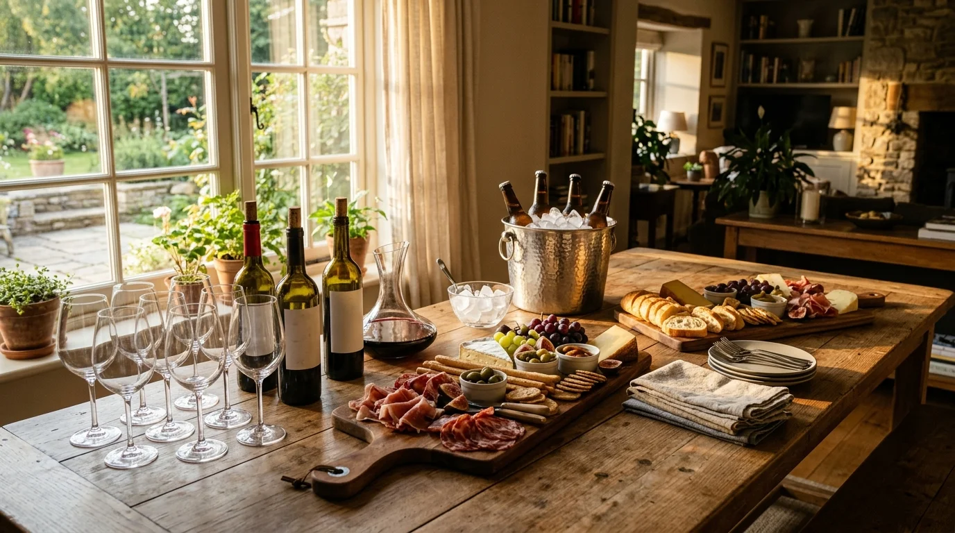 Table d'apéritif prête à recevoir des invités : verres alignés, bouteilles de vin, seau à glace et planches garnies dans une lumière dorée