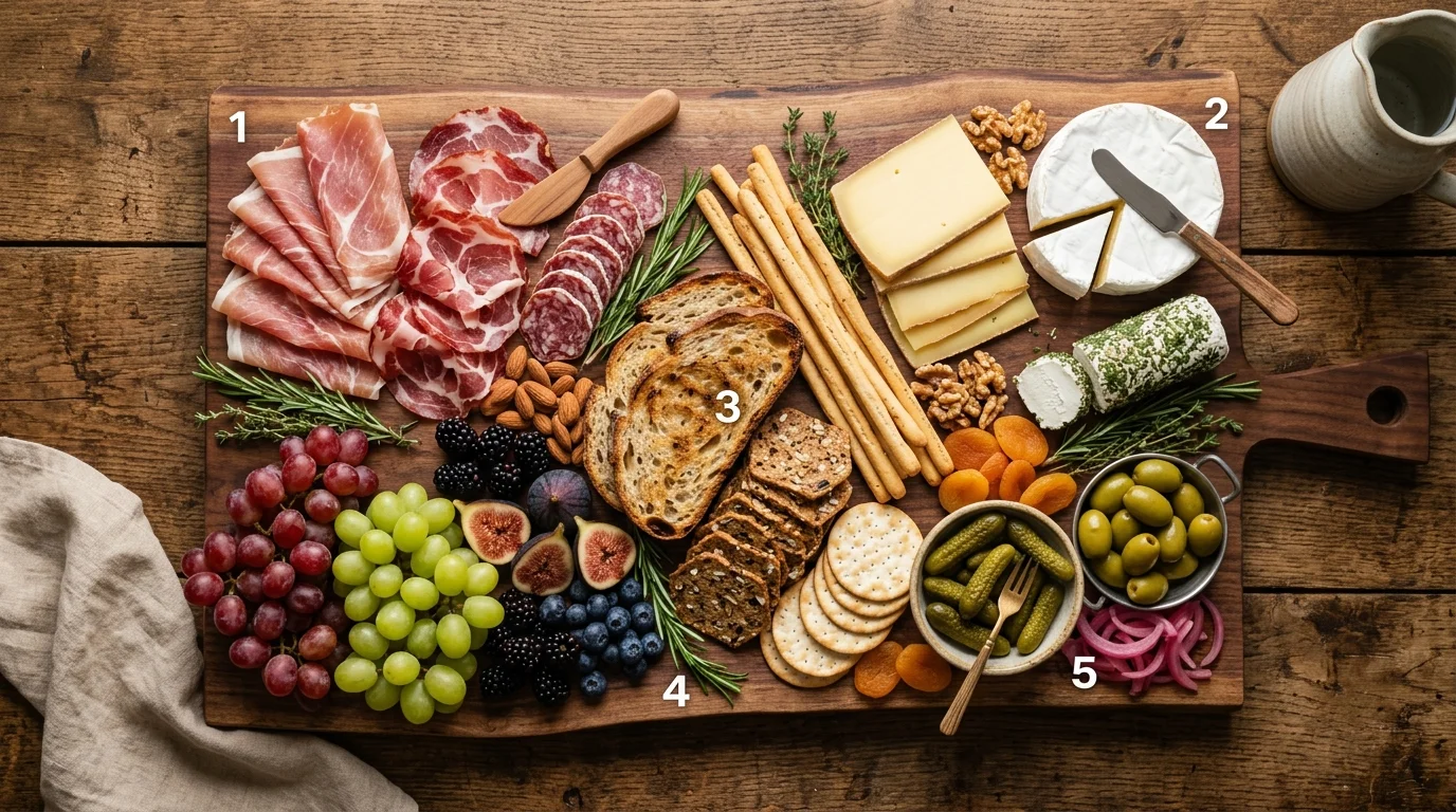 Composition d'une planche apéro équilibrée vue de dessus : charcuterie, fromages, fruits, gressins et cornichons sur planche en bois