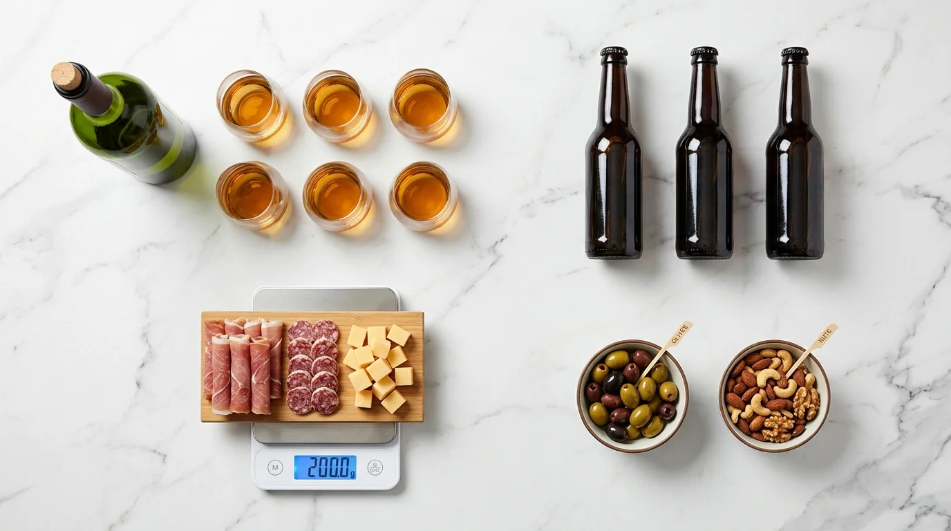 Quantités de boissons et snacks à prévoir par personne pour un apéritif : bouteille de vin, verres, bières et charcuterie sur balance