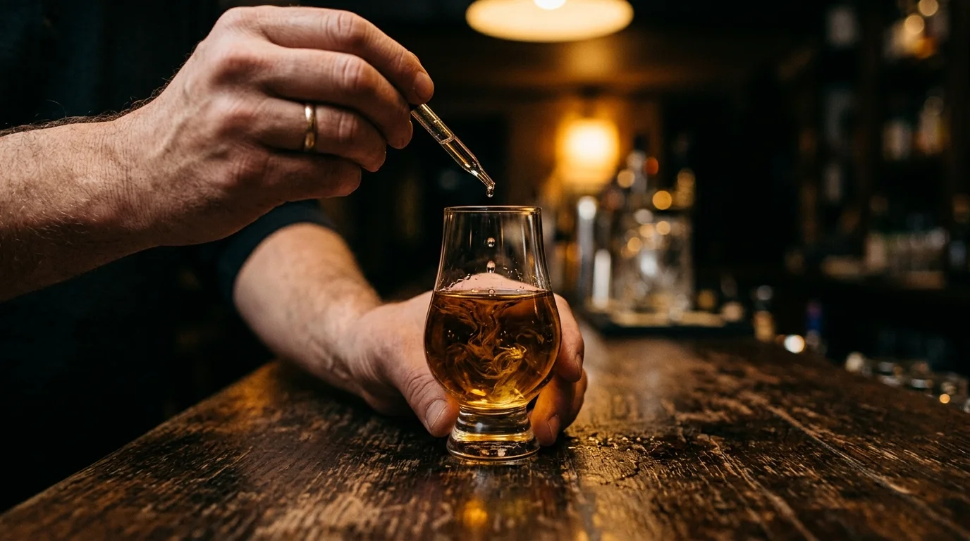 Quelques gouttes d'eau versées à la pipette dans un verre de whisky doré, créant des volutes dans le liquide ambré