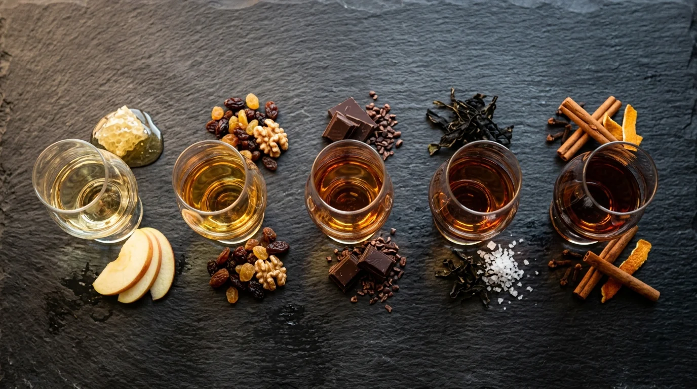 Cinq verres de dégustation de whisky de couleurs différentes, du doré pâle au cuivré foncé, chacun accompagné d'ingrédients représentant ses arômes