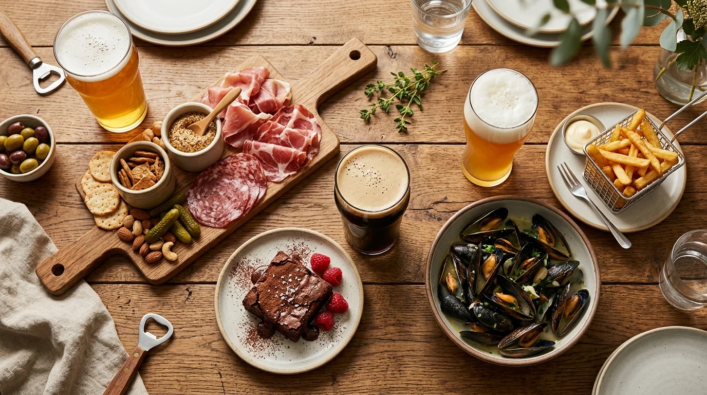 Accords bière et nourriture : bière blonde avec charcuterie, bière brune avec brownie au chocolat, et blanche avec moules-frites