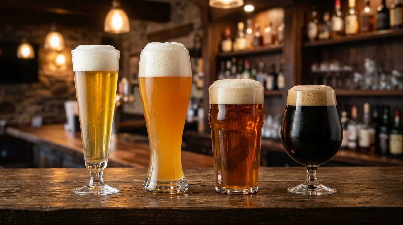 Quatre styles de bières dans leurs verres appropriés : lager dorée, blanche trouble, IPA ambrée et stout noir, avec leurs mousses caractéristiques