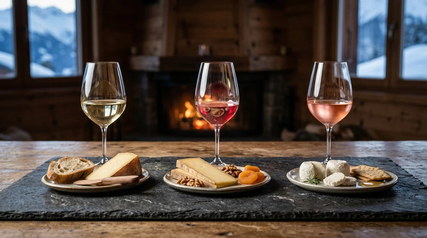 Trois verres de vin avec des fromages : blanc de Savoie avec raclette, Pinot Noir rouge avec comté, et rosé avec chèvre frais