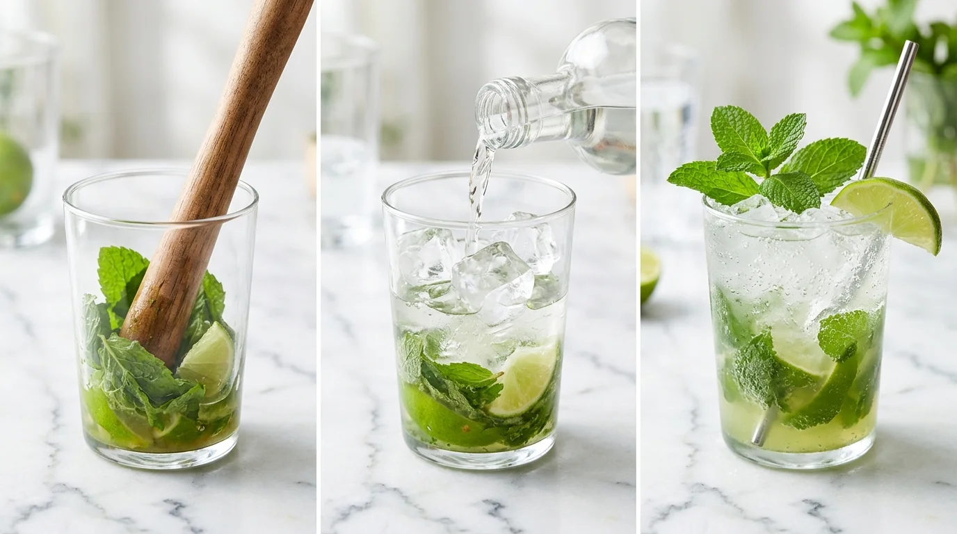 Préparation d'un Mojito en trois étapes : menthe et citron pilés dans le verre, ajout du rhum et de la glace, puis le cocktail terminé avec eau gazeuse et garniture