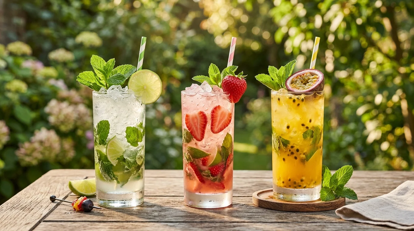 Trois variantes de Mojito : classique vert, fraise rose et fruit de la passion jaune, dans des verres hauts avec glace pilée
