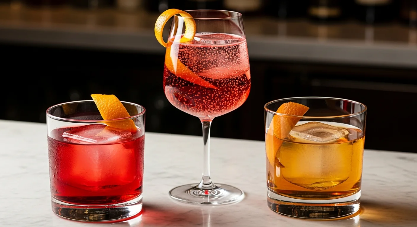 Trois variantes du Negroni côte à côte : Negroni classique rouge en tumbler, Negroni Sbagliato en verre à vin avec bulles, et Boulevardier ambré en coupette, chacun garni d'un zeste d'orange