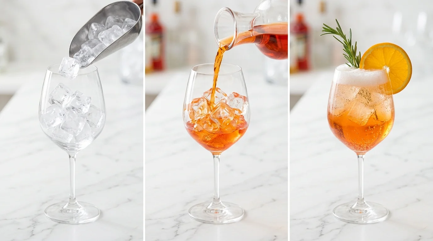 Préparation d'un Spritz étape par étape : glaçons dans le verre, ajout d'Aperol orange, puis prosecco et tranche d'orange