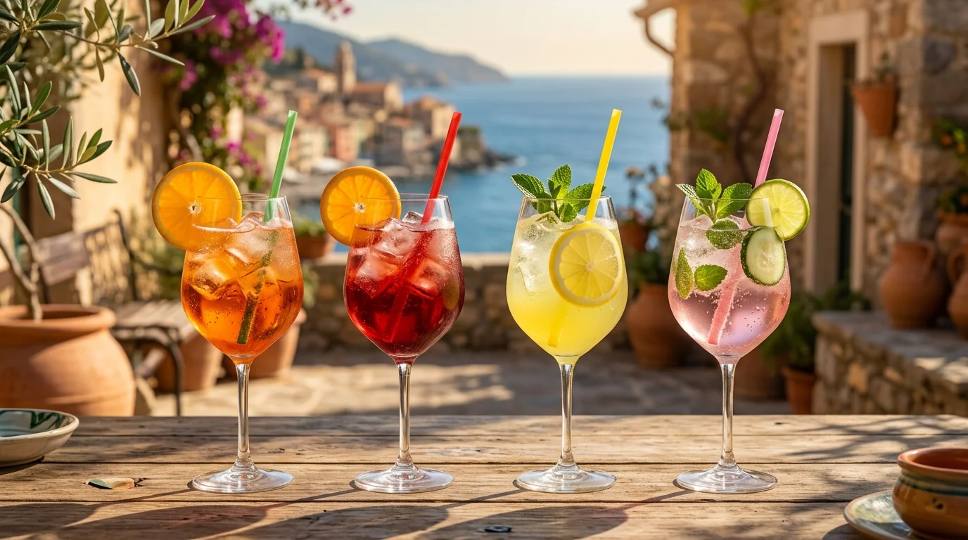 Quatre variantes de Spritz en verres ballon : Aperol classique orange, Campari rouge, Limoncello jaune et Hugo rose au sureau